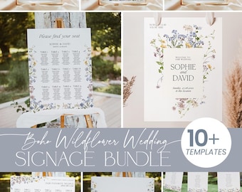 Könnte beinhalten: Eine Sammlung von Hochzeitsschild-Vorlagen mit einem Boho-Wildblumen-Thema. Das Paket enthält Tischnummern, individuelle Schilder, Gästebuchschilder, Sitzpläne und Willkommensschilder. Die Designs verfügen über florale Ränder und elegante Schriftarten. Das Paket enthält über 10 Vorlagen.