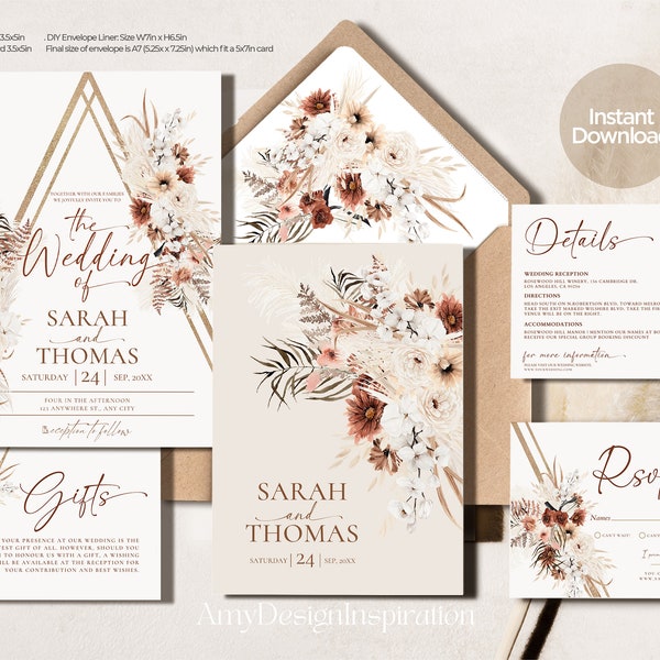 Boho Wedding Invitation Suite Template, Terracotta Wedding Invite, Elegant Fall Wedding Set Template, Boho Rust Editable Download #225