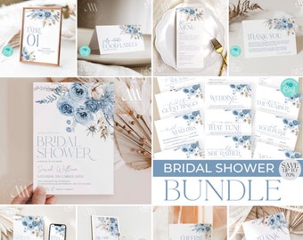 Dusty blue bridal shower bundle, Boho bridal shower invitation template, Shower Bundle, Games Bundle B012