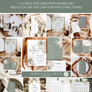 May include: A wedding stationery bundle featuring sage green and white cards with floral illustrations. Items include invitations, RSVP cards, menus, welcome signs, and seating charts with text like The Wedding of and Take a Seat.
