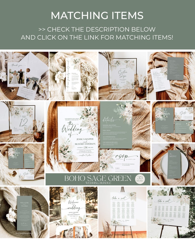 May include: A wedding stationery bundle featuring sage green and white cards with floral illustrations. Items include invitations, RSVP cards, menus, welcome signs, and seating charts with text like The Wedding of and Take a Seat.