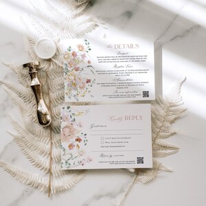 May include: A wedding invitation with a floral design. The invitation includes details about the ceremony, reception, and transportation. The RSVP card includes options for guests to indicate their attendance and dietary requirements.