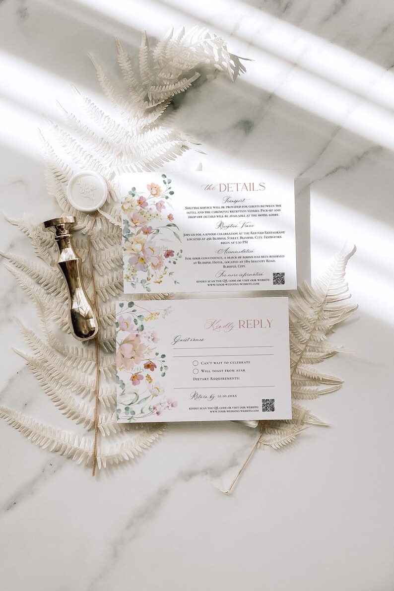 May include: A wedding invitation with a floral design. The invitation includes details about the ceremony, reception, and transportation. The RSVP card includes options for guests to indicate their attendance and dietary requirements.