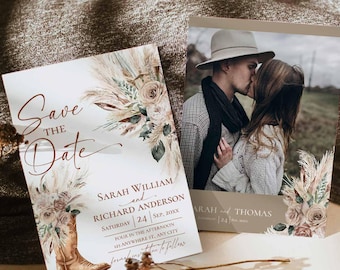 Rustic Western Boho Cowgirl Boots Save the Date Card Template | Desert Boho Pampas Grass Wedding Announcement E130
