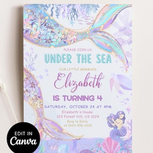 Puede incluir: Una invitación con temática de sirenas con un diseño de acuarela. La invitación presenta colas de sirena, el texto "Under the Sea" y el nombre "Elizabeth". La invitación también incluye el texto "Is Turning 4" y los detalles del evento. El logotipo de Canva está en la esquina inferior izquierda.