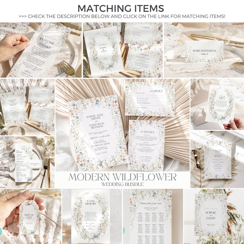 Puede incluir: Un conjunto de invitaciones de boda con un dise&ntilde;o moderno de flores silvestres. El conjunto incluye un cartel de bienvenida, una tarjeta RSVP, una tarjeta de detalles, una tarjeta de regalo y un plano de asientos. El dise&ntilde;o presenta una corona de flores silvestres de acuarela en tonos azules, amarillos y naranjas.