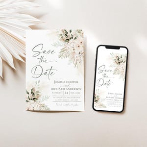 May include: Save the date card with a floral design in shades of beige and green. The card features the text "Save the Date" in a cursive font and includes the names Jessica Hooper and Richard Anderson, the date Saturday, September 24, and the time at o'clock in the afternoon. The card also includes the location "Anywhere St., Any City".