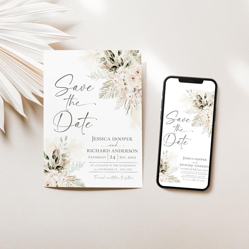 May include: Save the date card with a floral design in shades of beige and green. The card features the text "Save the Date" in a cursive font and includes the names Jessica Hooper and Richard Anderson, the date Saturday, September 24, and the time at o'clock in the afternoon. The card also includes the location "Anywhere St., Any City".