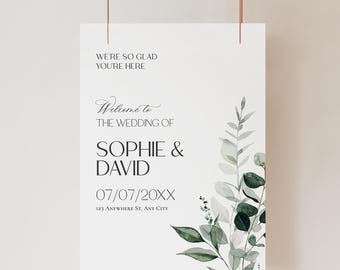 Minimalistisches Hochzeit Willkommensschild: Bearbeitbare Greenery Vorlage (Digitaler Download) D001
