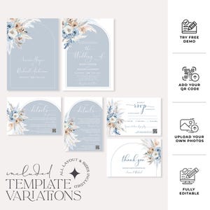 May include: A set of wedding invitation templates with a blue and white floral design. The templates include an invitation, RSVP card, details card, and thank you card. The text on the invitation reads "The Wedding of" and includes the names of the couple, the date, and the time of the wedding. The text on the RSVP card reads "Kindly RSVP by" and includes the date and time of the RSVP deadline. The text on the details card reads "The Details" and includes information about the wedding ceremony and reception. The text on the thank you card reads "Thank You" and includes the names of the couple.
