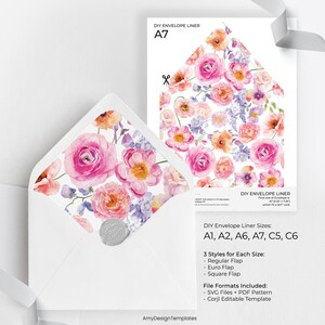 Colorful Flowers Envelope Liner Template, Bright Floral Wedding Envelope Liners Printable, Euro Flap, Square Flap, Digital Instant Download