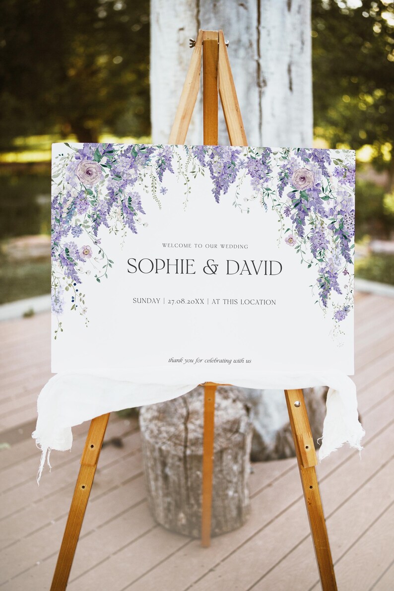 Purple Wisteria Wedding Welcome Sign Template, Welcome to Our Wedding Sign, Purple Wedding Signage, Floral Welcome Sign Welcome Poster D014