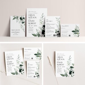May include: A set of wedding invitations with a green and white watercolor floral design. The invitations feature the names Olivia Wilson and David Robert, the date 08/10/20XX, and the word "Saturday".