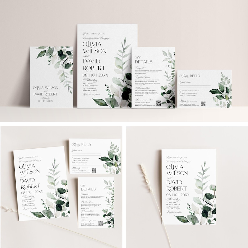 May include: A set of wedding invitations with a green and white watercolor floral design. The invitations feature the names Olivia Wilson and David Robert, the date 08/10/20XX, and the word "Saturday".