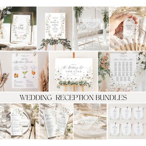 May include: Wedding reception printable signs and cards with a floral design. The signs include "The Wedding of Sophie & David", "Table One", "Bar Menu", "Find Your Seat", and "Thank You".
