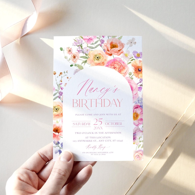 May include: A floral birthday invitation with a pink and peach watercolor design. The invitation features an archway of flowers and the text "Nancy's Birthday" in pink script. The date is Saturday, October 25th, 20XX. The invitation also includes the time and location of the event.