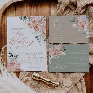 May include: A wedding invitation suite with a floral design. The invitation features a watercolor illustration of pink roses and greenery. The RSVP card is a light brown color with a floral design and the text "RSVP". The details card is a light green color with a floral design and the text "Details".