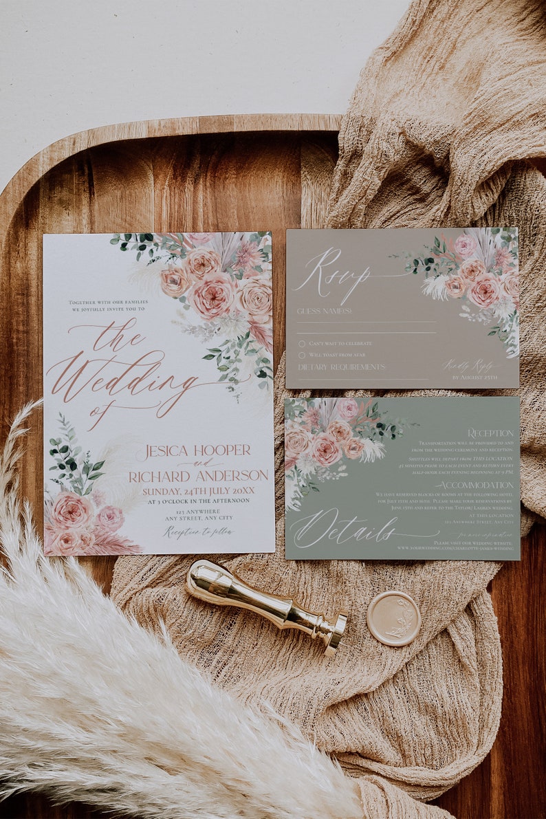 May include: A wedding invitation suite with a floral design. The invitation features a watercolor illustration of pink roses and greenery. The RSVP card is a light brown color with a floral design and the text "RSVP". The details card is a light green color with a floral design and the text "Details".