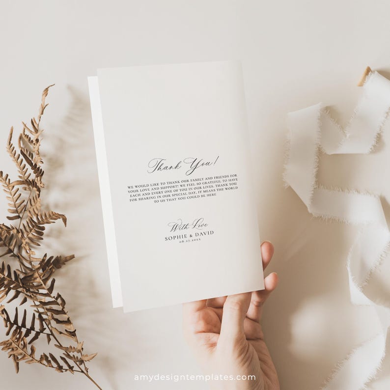 May include: A white thank you card with a simple black script font. The text reads "Thank You! We would like to thank our family and friends for your love and support. We feel so grateful to have each and every one of you in our lives. Thank you for sharing in our special day. It means the world to us that you could be here. With love, Sophie & David".