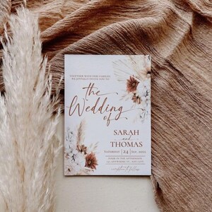 Boho Wedding Invitation Card Template, Terracotta Wedding Invite Template, Editable Fall Wedding Invite Cards Printable Pampas grass D021