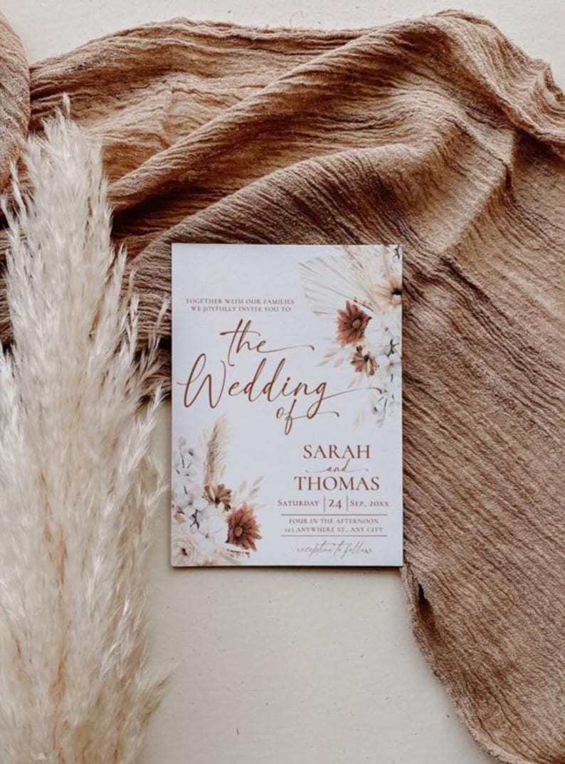 Boho Wedding Invitation Card Template, Terracotta Wedding Invite Template, Editable Fall Wedding Invite Cards Printable Pampas grass D021