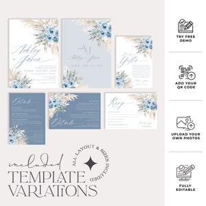 K&ouml;nnte beinhalten: Ein Satz von Hochzeitseinladungsvorlagen in einem blauen und beigen Farbschema. Die Vorlagen zeigen ein Aquarell-Blumendesign mit Pampasgras und blauen Blumen. Der Text auf den Einladungen enth&auml;lt die Namen "Ashley + Jason" und "Ashley & Jane".