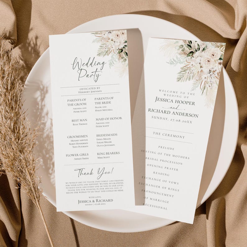 May include: Two white wedding program cards featuring floral illustrations of pampas grass and dried flowers at the top. The text includes Wedding Party, Jessica Hooper and Richard Anderson, and a detailed ceremony schedule in black serif and script fonts.