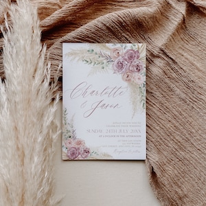 Boho Dusty Rose Wedding Invitation Set: Pampas Grass Mauve Greenery
