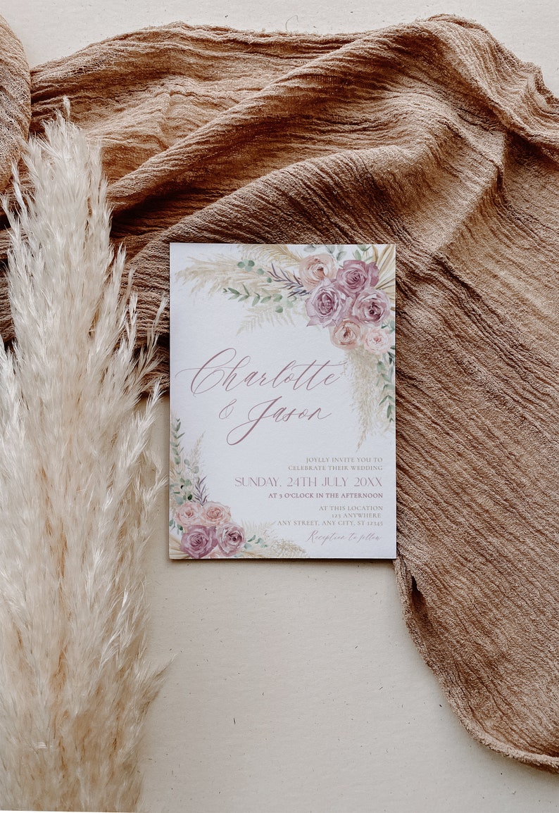 Boho Dusty Rose Wedding Invitation Set: Pampas Grass Mauve Greenery