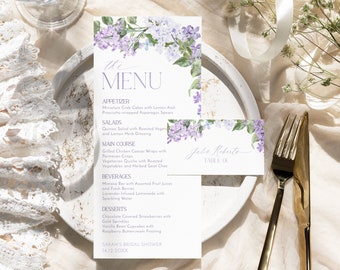 Lilac Floral Wedding Menu Template: Printable Bridal Shower Place Card (Digital Download) B001