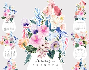 Watercolor Hibiscus Desk Calendar Printable Monthly Planner DIY, Tropical Botanical Monthly Desk Decor 2027 2028 Calendar