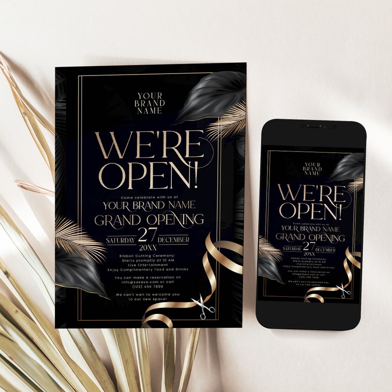 “We’re Open” grand opening invite template with sleek black background and luxurious gold accents.