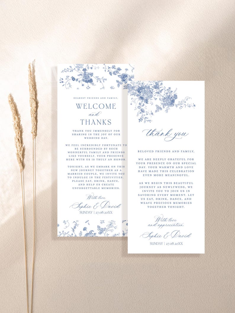 Something Blue Wedding Thank You Card Template: Minimalist Napkin Note French Toile Floral Vintage Monogram