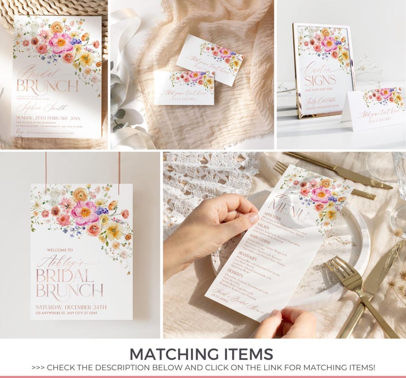 May include: A collection of bridal brunch stationery featuring white paper with watercolor floral arrangements in pink, yellow, and purple. The items include invitations, menu cards, and signage with rose gold text detailing event information.