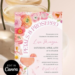 May include: A bridal shower invitation with watercolor floral accents and the text "Petals & Prosecco." The invitation features a pink and white color scheme, a cocktail illustration, and the words "Edit in Canva."