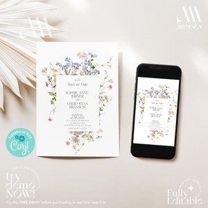 Wildflower Wedding Save the Date Template, Modern Save the Date Cards Editable Template, Wildflower Engagement Invite D002