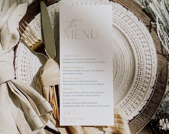 Plantilla minimalista para menú de boda: Tarjetas de mesa modernas para la cena (Descarga digital)
