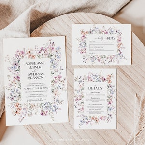 Modelo de conjunto de convites para casamento com flores silvestres, modelo de conjunto de convites para casamento na pradaria, convite de casamento botânico, cartão para salvar a data D020