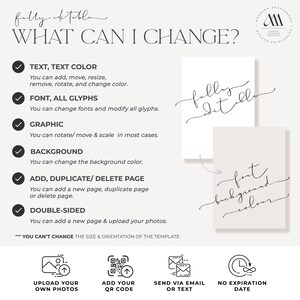 May include: A checklist of what can be changed when customising a printable template. The checklist includes text, text colour, font, all glyphs, graphic, background, adding, duplicating or deleting pages, and double-sided options. The text "fully editable" is written in cursive at the top of the checklist. The text "You can't change the size & orientation of the template" is written at the bottom of the checklist.  Four icons are shown below the checklist: upload your own photos, add your QR code, send via email or text, and no expiration date.