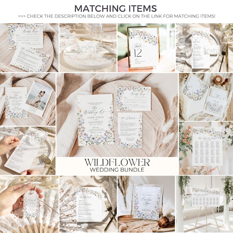 May include: A wedding stationery bundle featuring white paper cards with wildflower illustrations. The set includes invitations, RSVP cards, menus, table numbers, seating charts, and thank you tags, all decorated with colorful floral motifs.