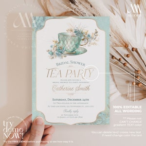 Blue tea party bridal shower invitation template, Blue and Gold bridal tea party invitation, bridal shower tea digital invitation B019