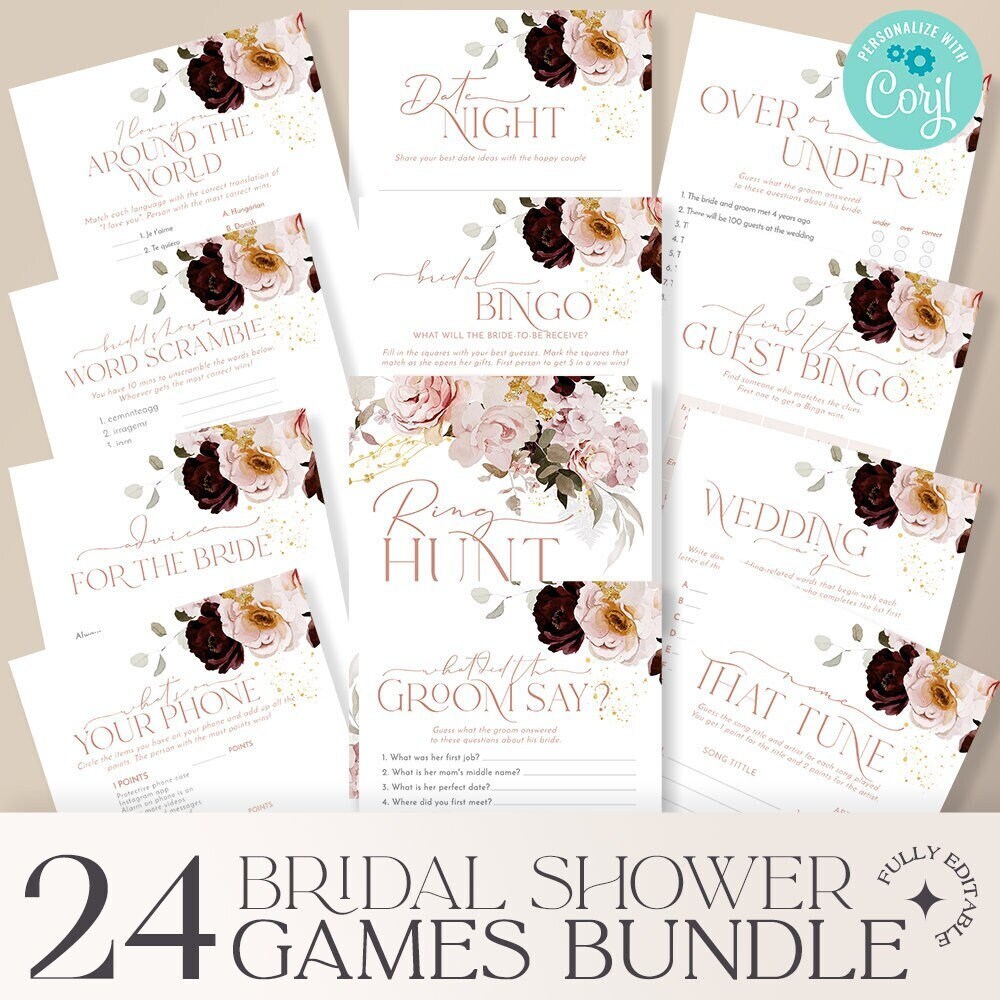 Printable bridal shower games bundle, Floral bridal shower bundle Printable games B009