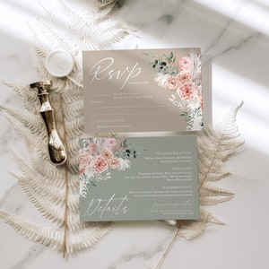 May include: Two rectangular wedding stationery cards featuring floral illustrations in pink and green. The top card reads RSVP by June 25th, while the bottom card is titled Details and includes text regarding a wedding reception, directions, and accommodations.