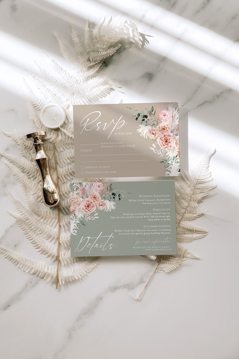 May include: Two rectangular wedding stationery cards featuring floral illustrations in pink and green. The top card reads RSVP by June 25th, while the bottom card is titled Details and includes text regarding a wedding reception, directions, and accommodations.