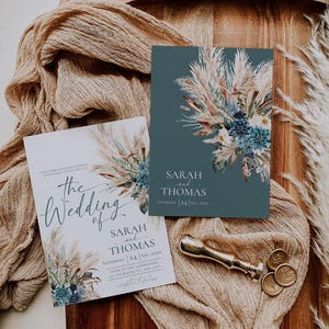 Boho Teal Wedding Invitation Template, Bohemian Teal Wedding Invitation Suite Editable Printable, Turquoise Wedding Card E106