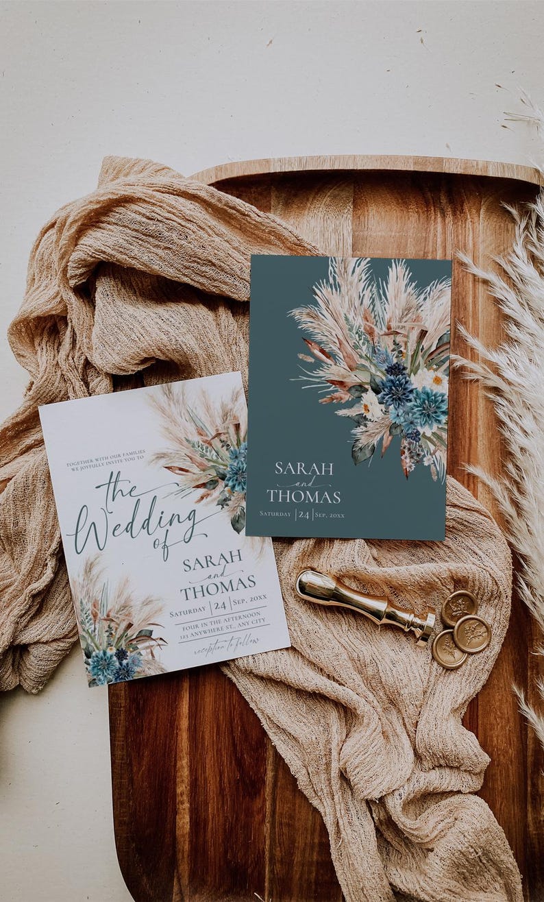 Boho Teal Wedding Invitation Template, Bohemian Teal Wedding Invitation Suite Editable Printable, Turquoise Wedding Card E106