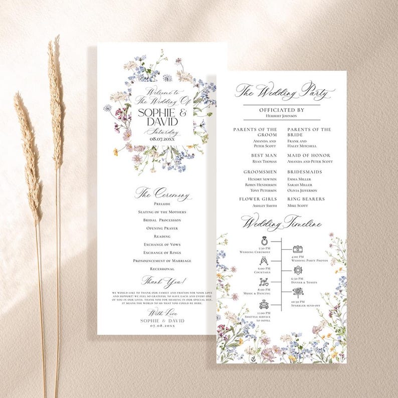 May include: Wedding ceremony program with a floral design featuring blue, pink, and yellow flowers. The program includes the wedding party, ceremony order, and wedding timeline. The text reads "Welcome to the Wedding of Sophie & David Saturday 08.07.20XX".