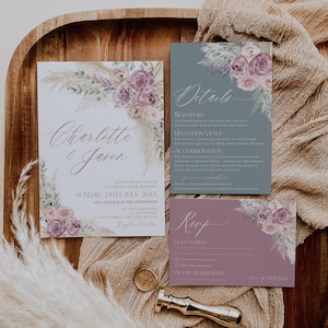 Boho Dusty Rose Wedding Invitation Set: Pampas Grass Mauve Greenery