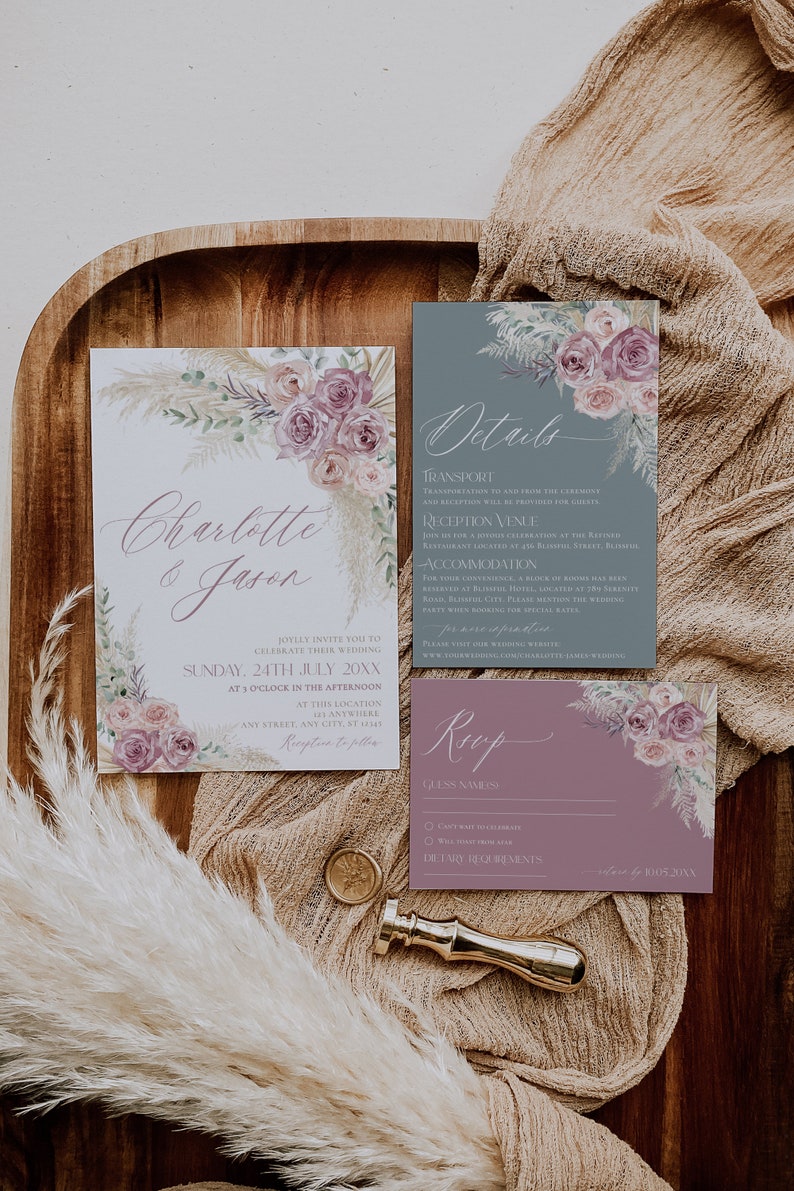 Boho Dusty Rose Wedding Invitation Set: Pampas Grass Mauve Greenery