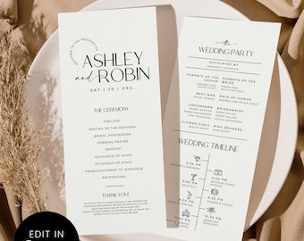 May include: Two white wedding programs with black text on a white plate. The left program lists the ceremony details, and the right program details the wedding party and timeline. The programs are for Ashley and Robin, with the date of December 20th.